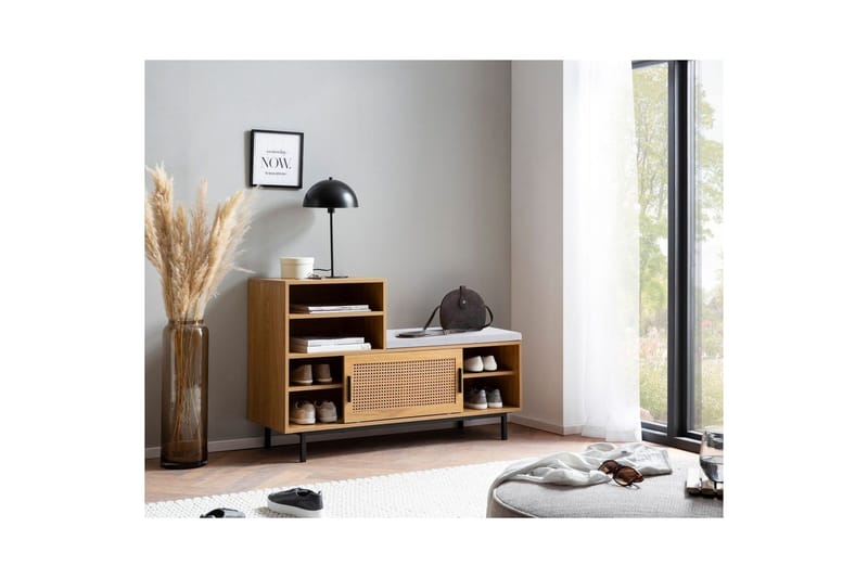 Skoskab Wohnling Polstret bænk med skydedør Wiener fletoptik moderne - Møbler - Stole & lænestole - Bænke - Skohylde med bænk