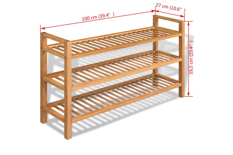 Skostativ Med 3 Hylder 100 X 27 X 59,5 Cm Massivt Egetræ - Brun - Opbevaring - Skoopbevaring