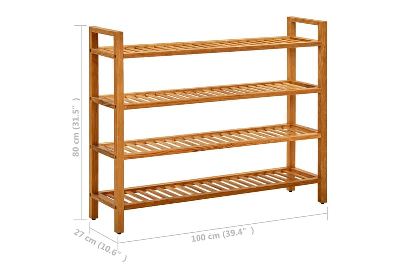 skostativ med 4 hylder 100x27x80 cm massivt egetræ - Brun - Entréopbevaring - Skoopbevaring - Skohylde