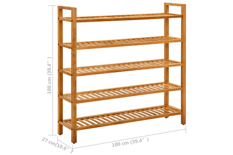 skostativ med 5 hylder 100x27x100 cm massivt egetræ - Brun - Opbevaring - Skoopbevaring