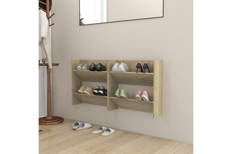 væghængt skoskab 2 stk. 60x18x60 cm spånplade sonoma-eg - Brun - Opbevaring - Skoopbevaring