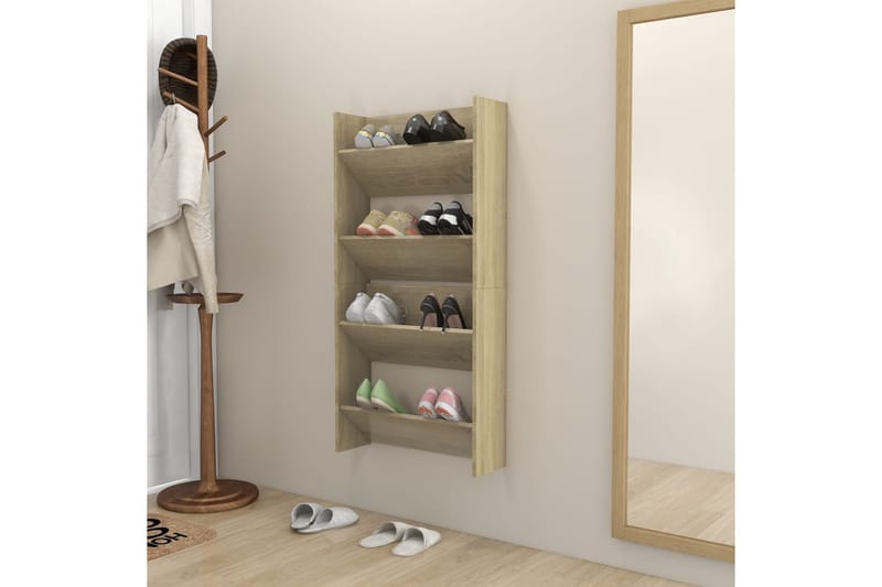 væghængt skoskab 2 stk. 60x18x60 cm spånplade sonoma-eg - Brun - Opbevaring - Skoopbevaring