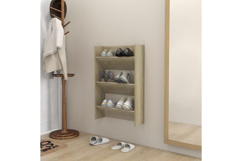 væghængt skoskab 60x18x90 cm spånplade sonoma-eg - Brun - Opbevaring - Skoopbevaring