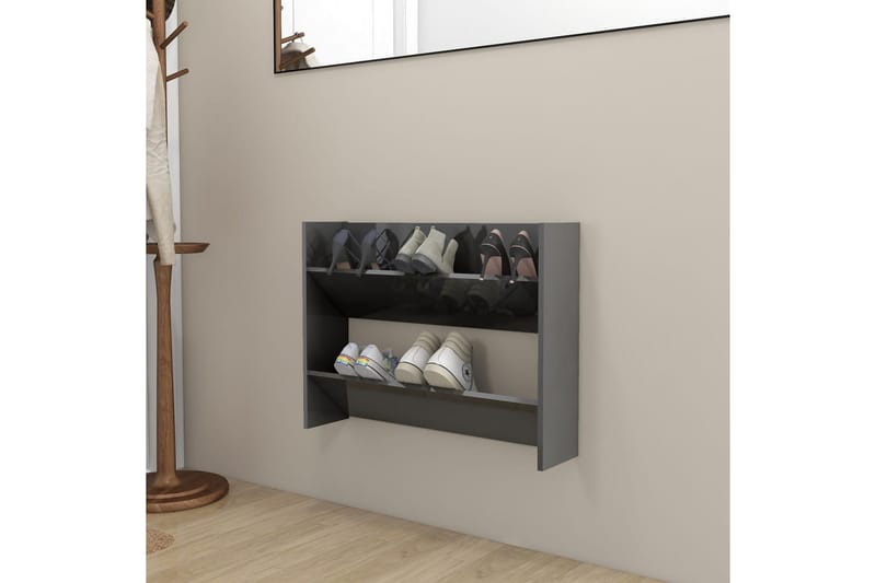væghængt skoskab 80x18x60 cm spånplade grå højglans - Grå - Opbevaring - Skoopbevaring