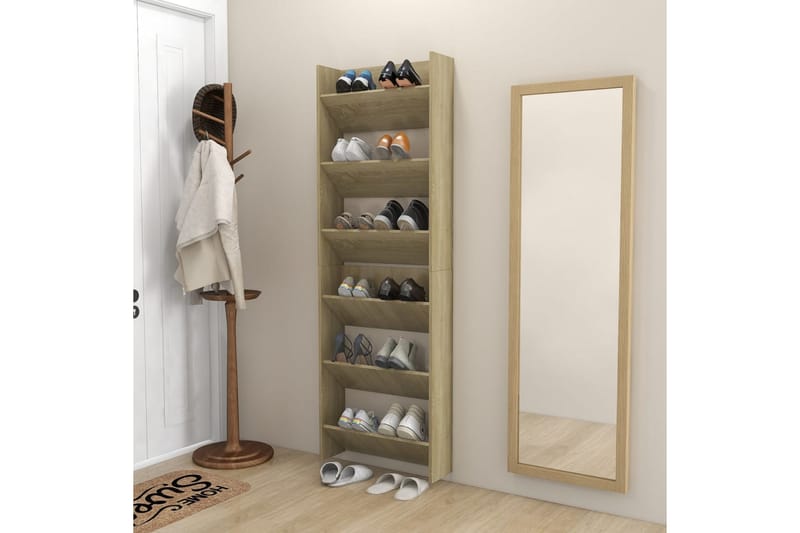 væghængte skoskabe 2 stk. 60x18x90 cm spånplade sonoma-eg - Brun - Opbevaring - Skoopbevaring