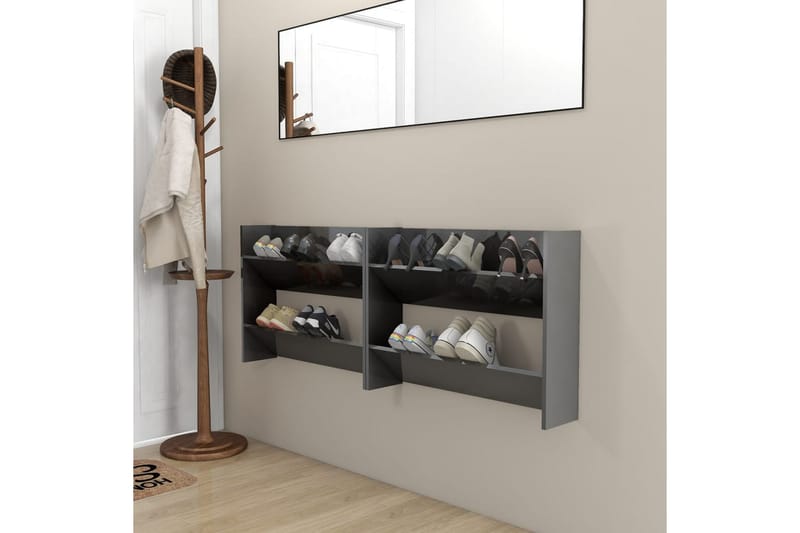 væghængte skoskabe 2 stk. 80x18x60 cm spånplade grå højglans - Grå - Opbevaring - Skoopbevaring