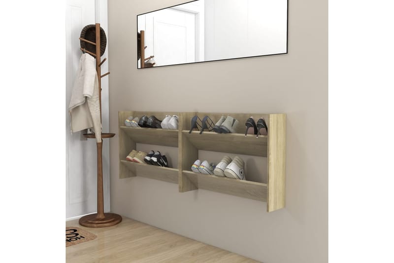 væghængte skoskabe 2 stk. 80x18x60 cm spånplade sonoma-eg - Brun - Opbevaring - Skoopbevaring