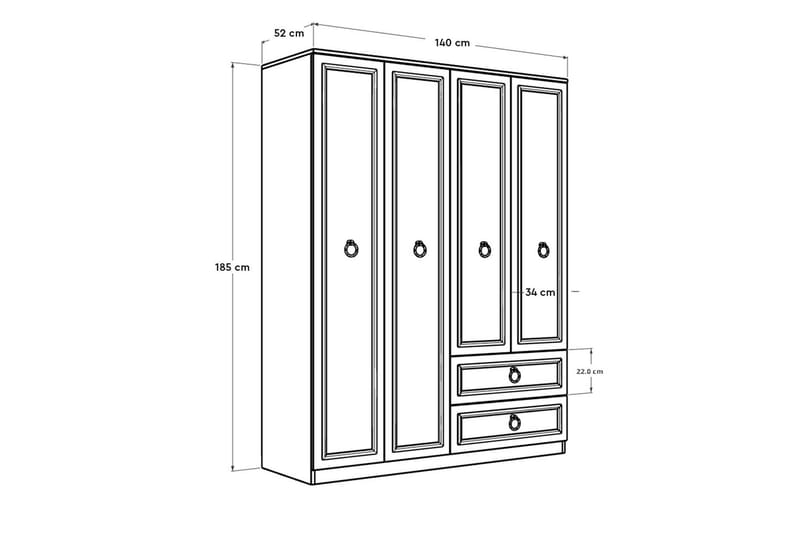 Ajra Garderobeskab 140x185 cm Hvid - Hanah Home - Opbevaring - Tøjopbevaring - Garderobeskabe