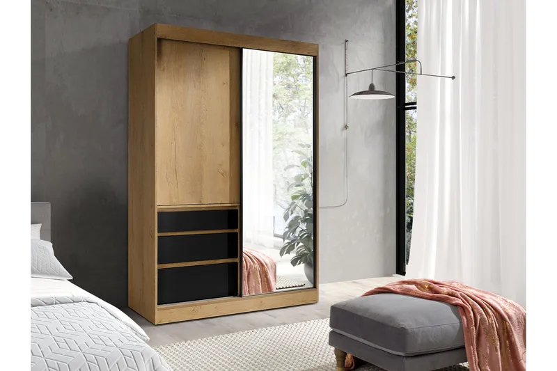 Abricot Garderobe med Spejl 140x216x65 cm - Sort - Opbevaring - Tøjopbevaring - Garderobeskabe