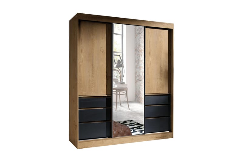 Abricot Garderobe med Spejl 180x216x65 cm - Sort - Opbevaring - Tøjopbevaring - Garderobeskabe