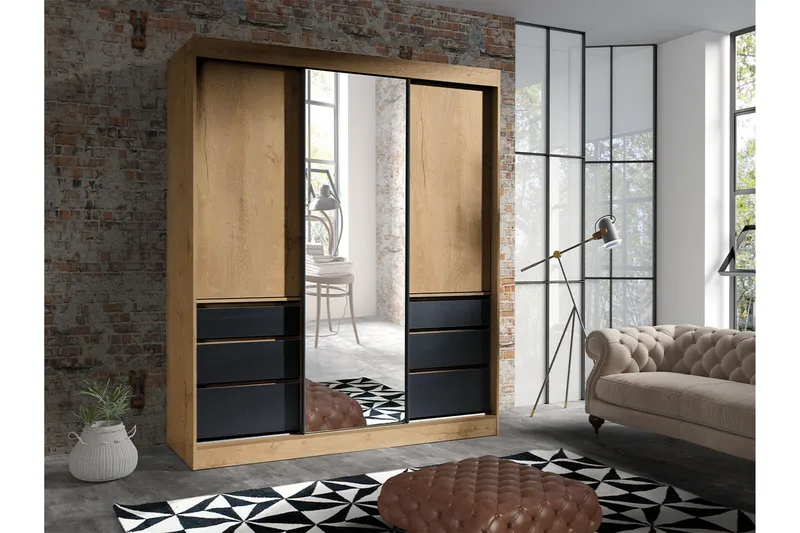 Abricot Garderobe med Spejl 180x216x65 cm - Sort - Opbevaring - Tøjopbevaring - Garderobeskabe