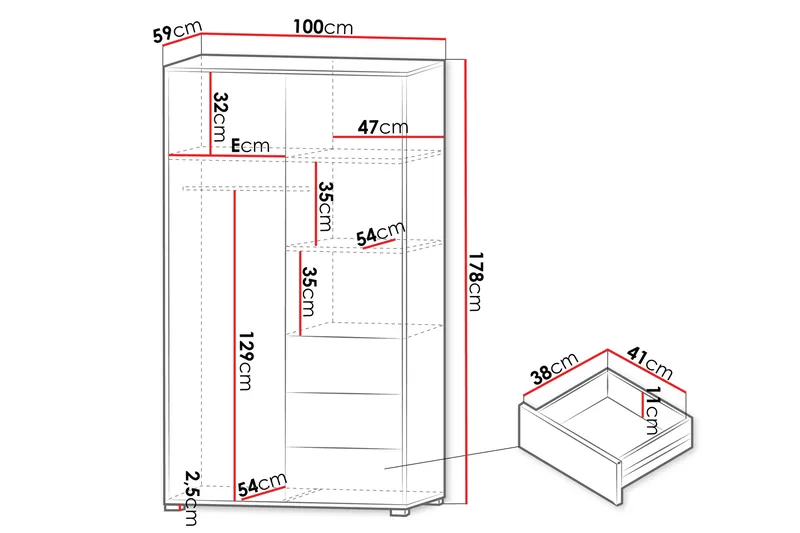 Agawal Garderob med Spejl 100x175 cm - Brun - Opbevaring - Tøjopbevaring - Garderobeskabe
