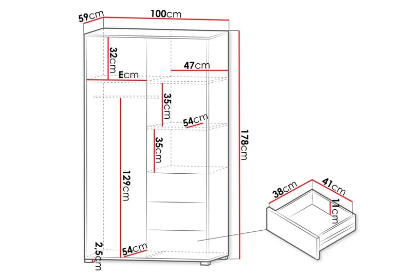 Agawal Garderobeskab med Spejl 100x178 cm - Hvid - Opbevaring - Tøjopbevaring - Garderobeskabe