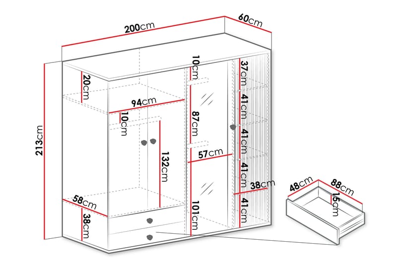 Aldbrough Garderobeskab med Spejl 200x213 cm - Brun / Sort - Opbevaring - Tøjopbevaring - Garderobeskabe