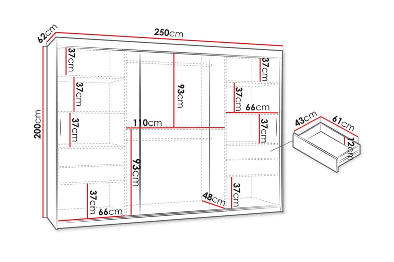Amira Garderobe Med Spejl 250x200 cm - Opbevaring - Tøjopbevaring - Garderobeskabe