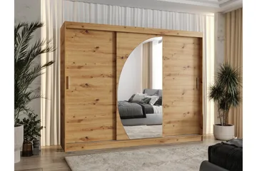 Amira Garderobeskab med Spejl 250x200 cm i Træ med Glasdetaljer - Brun - Opbevaring - Tøjopbevaring - Garderobeskabe
