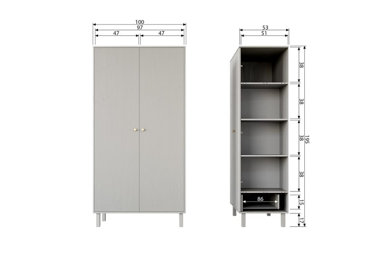 Antonie Garderobe 53x100 cm - Grå - Opbevaring - Tøjopbevaring - Garderobeskabe