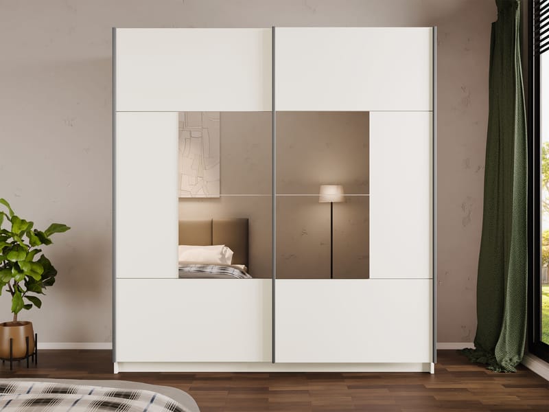 Binche Garderobeskabeskab med spejl 200x215 cm - Beige - Opbevaring - Tøjopbevaring - Garderobeskabe