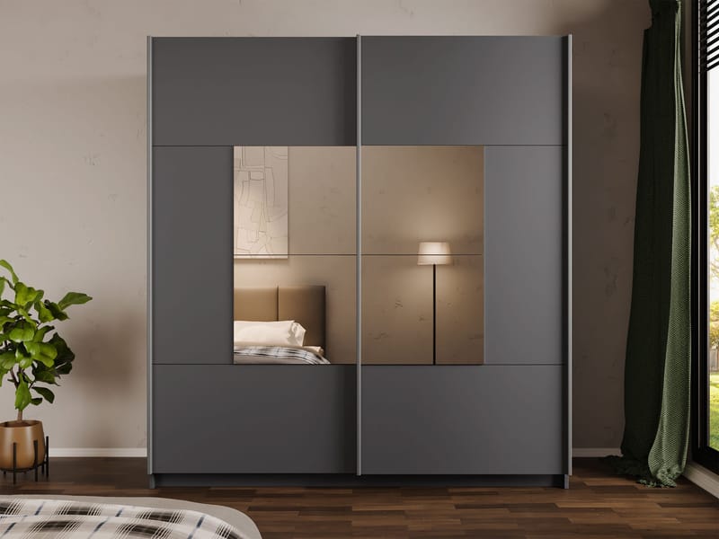 Binche Garderobeskabeskab med spejl 200x215 cm - Grå - Opbevaring - Tøjopbevaring - Garderobeskabe