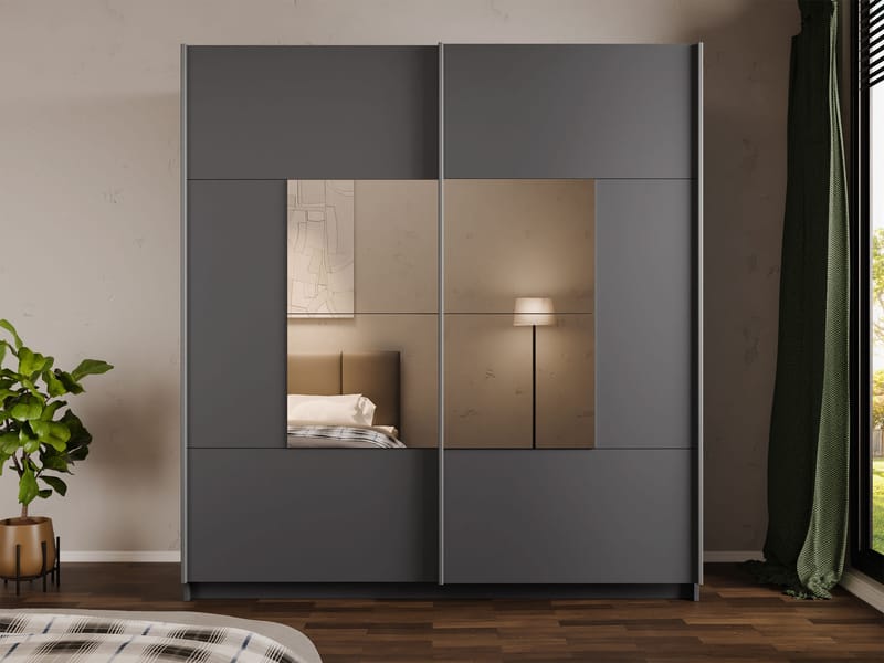 Binche Garderobeskabeskab med spejl 200x215 cm - Grå - Opbevaring - Tøjopbevaring - Garderobeskabe