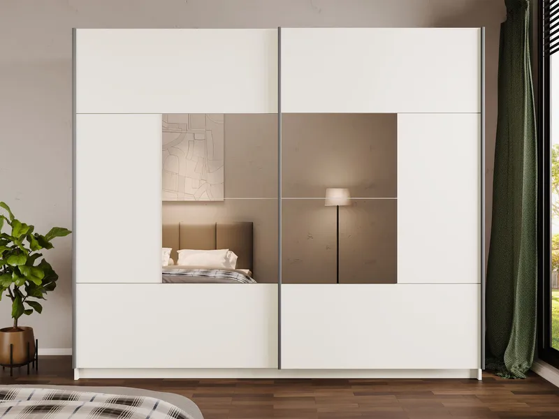 Binche Garderobeskabeskab med spejl 250x215 cm - Beige - Opbevaring - Tøjopbevaring - Garderobeskabe