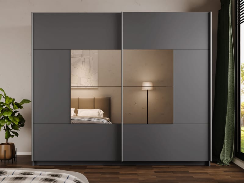 Binche Garderobeskabeskab med spejl 250x215 cm - Grå - Opbevaring - Tøjopbevaring - Garderobeskabe