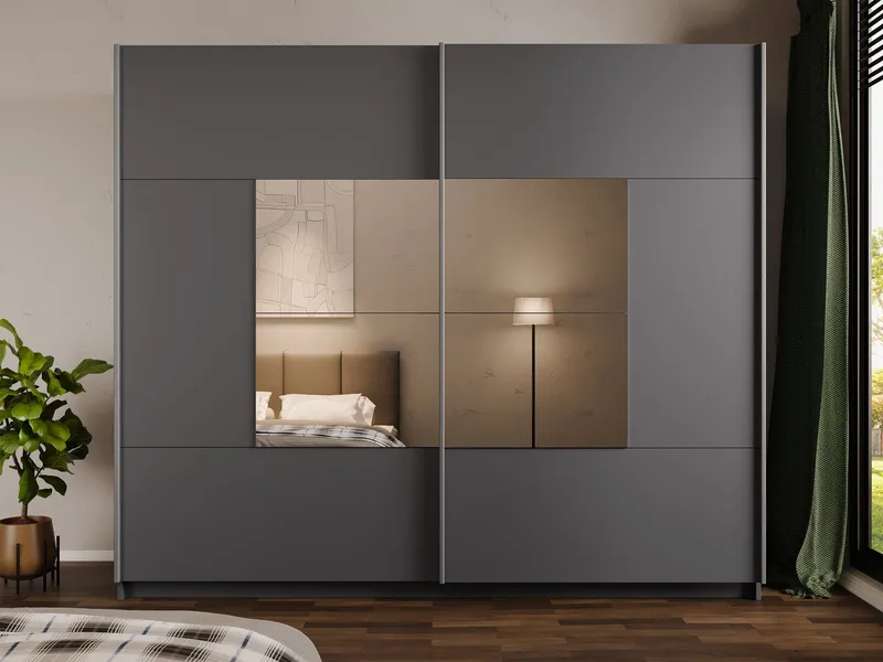 Binche Garderobeskabeskab med spejl 250x215 cm - Grå - Opbevaring - Tøjopbevaring - Garderobeskabe