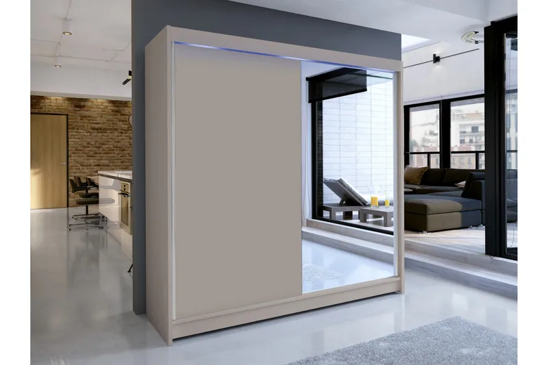 Canderbury Garderobe Med Spejl 180x215 cm - Beige - Opbevaring - Tøjopbevaring - Garderobeskabe