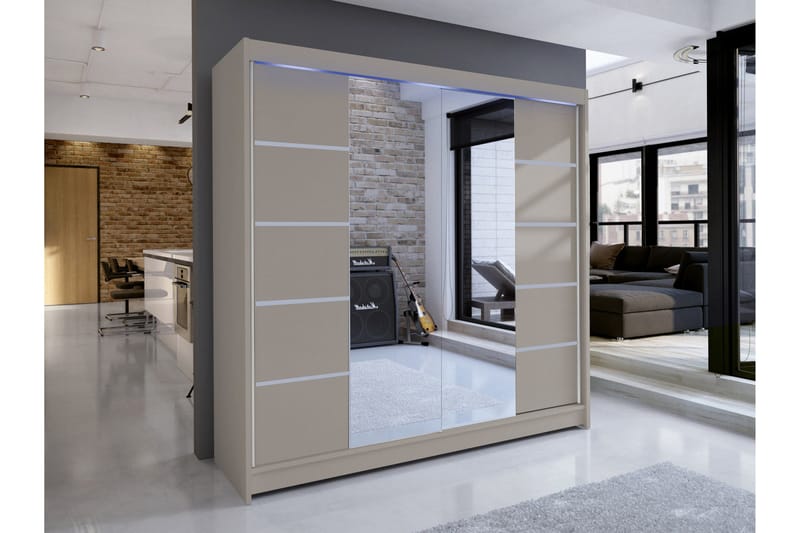 Canderbury Garderobe Med Spejl 180x215 cm - Beige - Opbevaring - Tøjopbevaring - Garderobeskabe