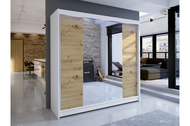 Canderbury Garderobe Med Spejl 180x215 cm - Hvid/Brun - Opbevaring - Tøjopbevaring - Garderobeskabe