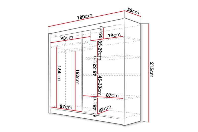Canderbury Garderobe Med Spejl 180x215 cm - Hvid/Sort - Opbevaring - Tøjopbevaring - Garderobeskabe