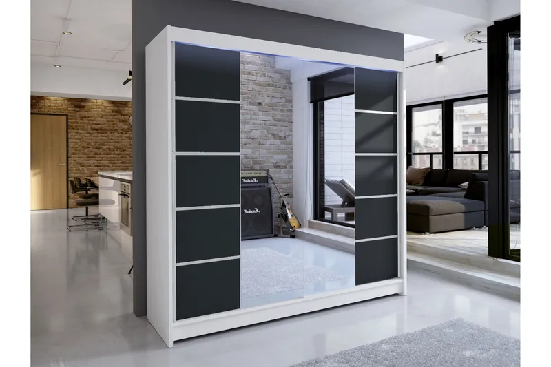 Canderbury Garderobe Med Spejl 180x215 cm - Hvid/Sort - Opbevaring - Tøjopbevaring - Garderobeskabe