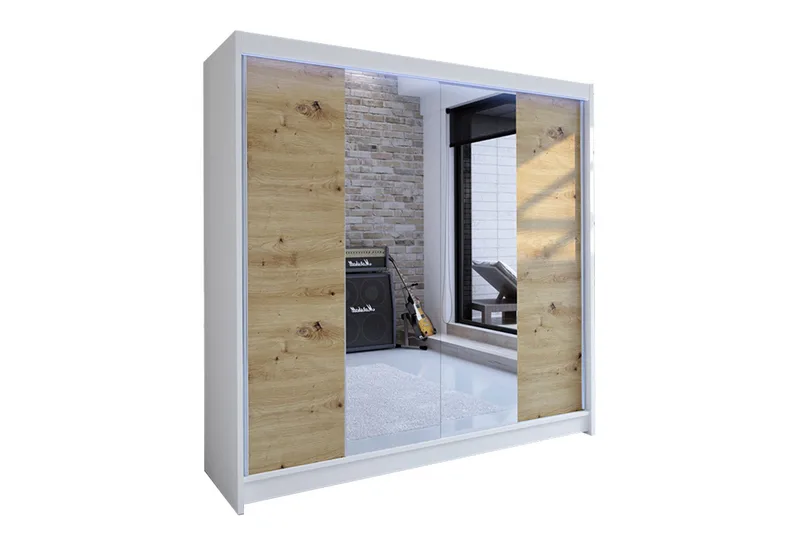 Canderbury Garderobeskab i Træ med Glasdetaljer, Hvid|Beige