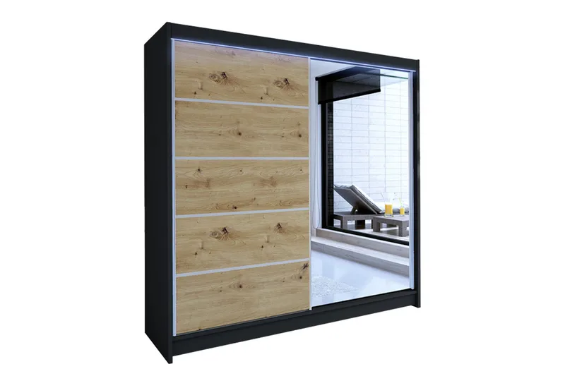 Canderbury Garderobeskab med Spejl 180 cm i Lyst Træ, Sort|Beige
