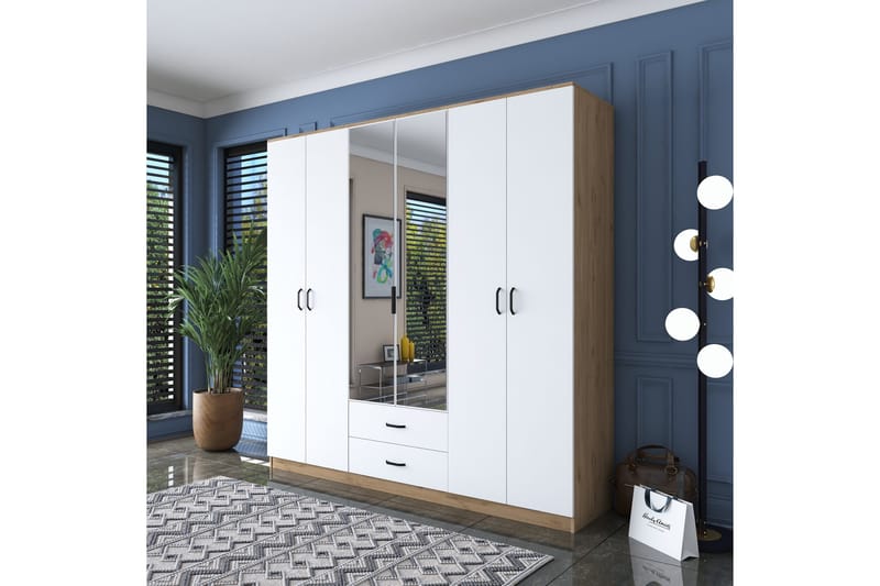 Caturai Garderobe med Spejl, Valnød finér/Hvid