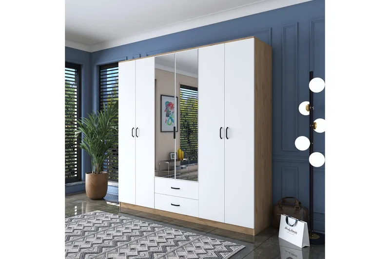 Caturai Garderobe med Spejl, Valnød finér/Hvid