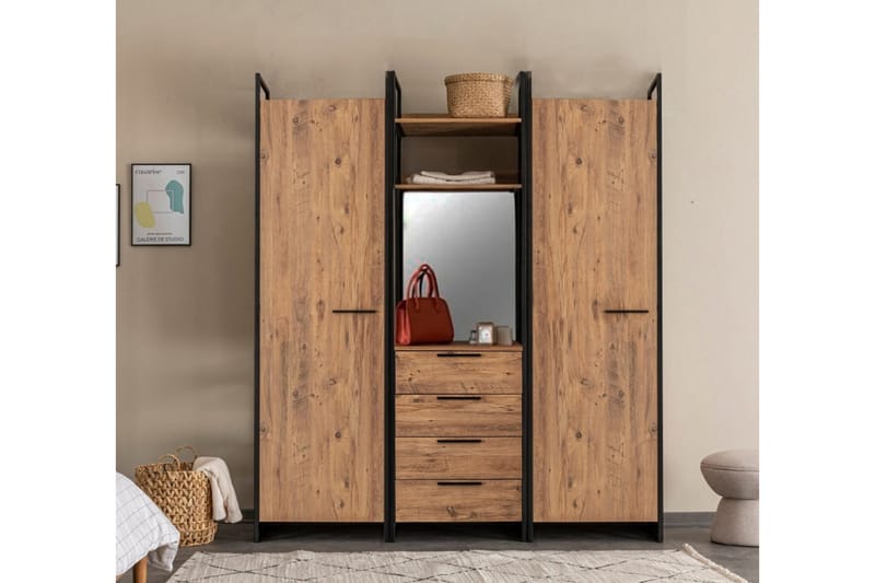 Collinner Garderobe 52x64 med spejl 4 skabe - Natur - Garderobeskabe - Garderobeskab & klædeskab