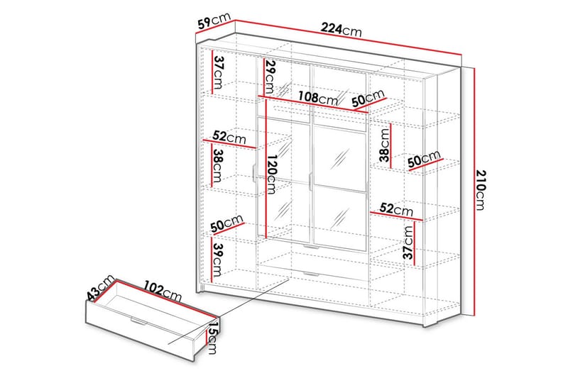 Coralina Garderobeskab Med Spejl 224x210 cm - Brun/Sort - Opbevaring - Tøjopbevaring - Garderobeskabe