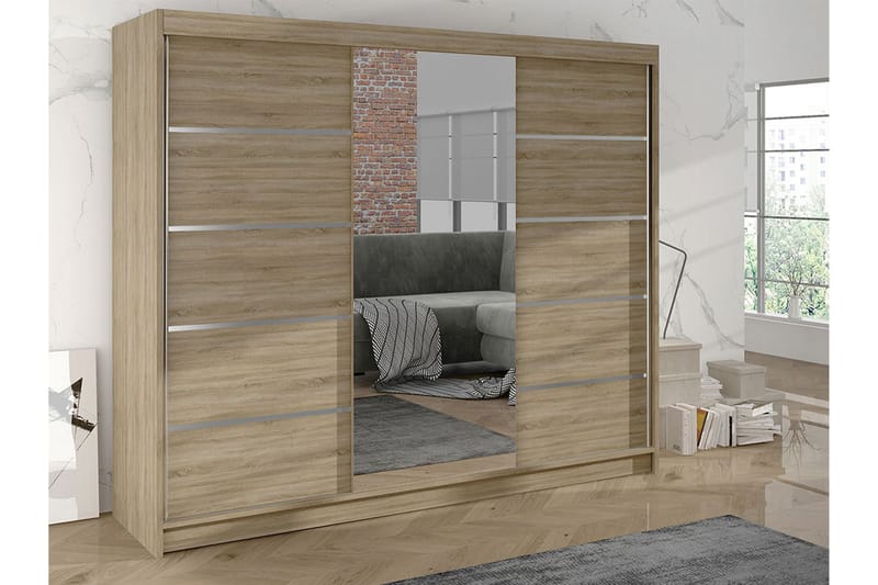 Cyria Garderobe med rummelig Opbevaring og Skydedøre med Spejl 200x215 cm - Beige - Opbevaring - Tøjopbevaring - Garderobeskabe
