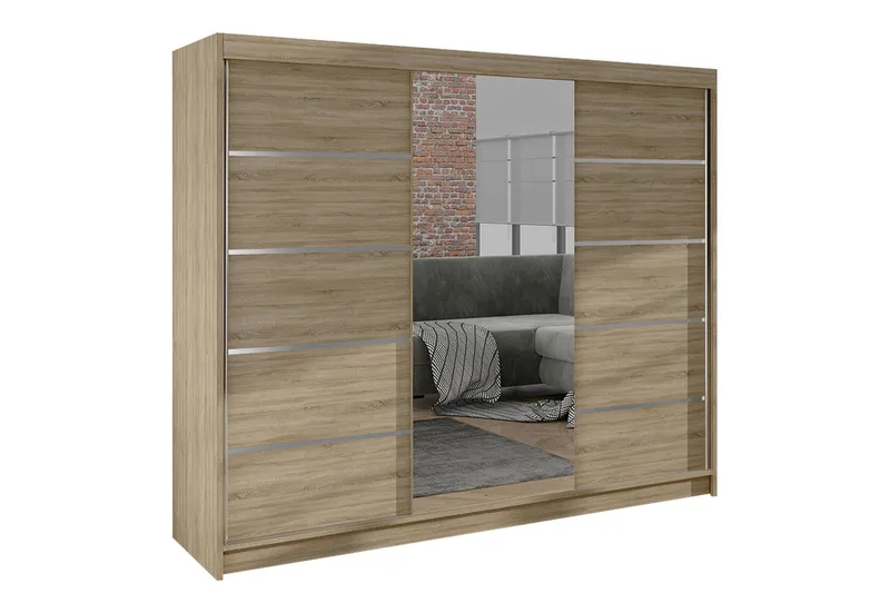 Cyria Garderobe med rummelig Opbevaring og Skydedøre med Spejl 200x215 cm - Beige - Opbevaring - Tøjopbevaring - Garderobeskabe