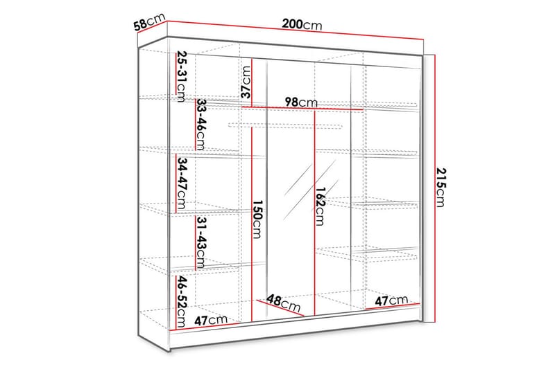 Cyria Garderobe med rummelig Opbevaring og Skydedøre med Spejl 200x215 cm - Beige - Opbevaring - Tøjopbevaring - Garderobeskabe