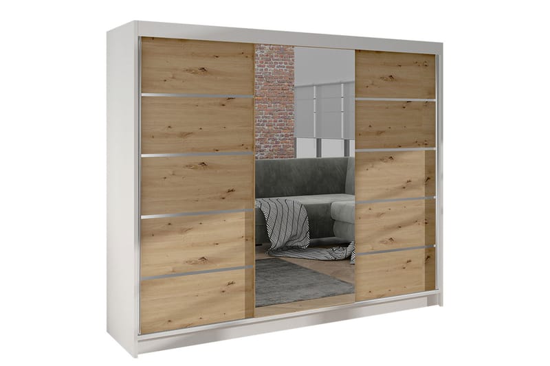 Cyria Garderobe med rummelig Opbevaring og Skydedøre med Spejl 200x215 cm - Brun/Hvid - Opbevaring - Tøjopbevaring - Garderobeskabe