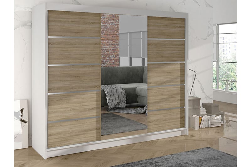 Cyria Garderobe med rummelig Opbevaring og Skydedøre med Spejl 200x215 cm - Brun/Hvid - Opbevaring - Tøjopbevaring - Garderobeskabe