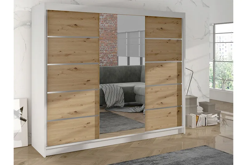 Cyria Garderobe med rummelig Opbevaring og Skydedøre med Spejl 200x215 cm - Brun/Hvid - Opbevaring - Tøjopbevaring - Garderobeskabe