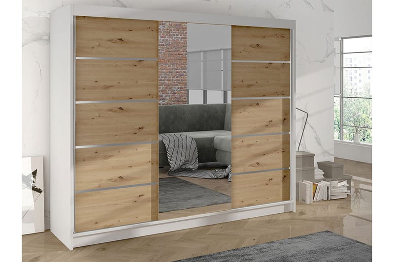 Cyria Garderobe med rummelig Opbevaring og Skydedøre med Spejl 200x215 cm - Brun/Hvid - Opbevaring - Tøjopbevaring - Garderobeskabe