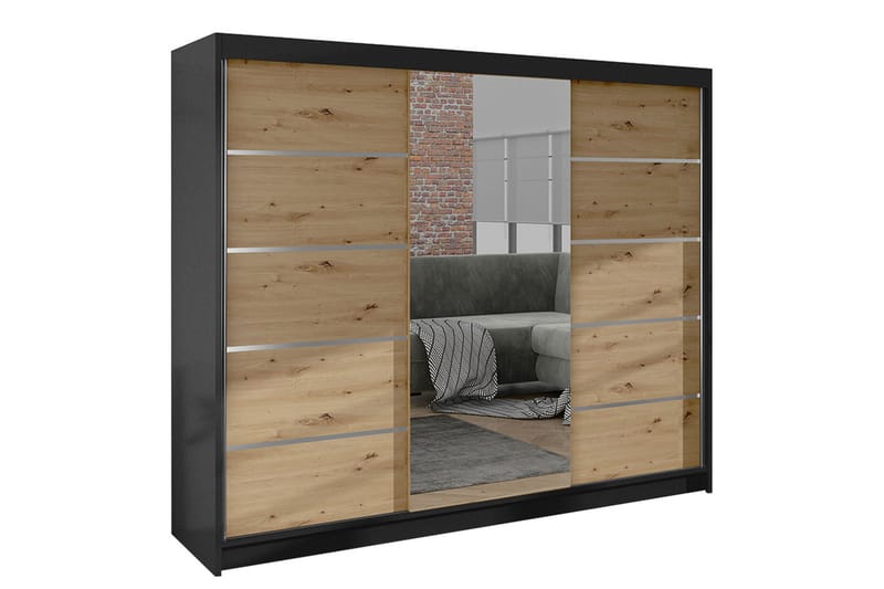 Cyria Garderobe med rummelig Opbevaring og Skydedøre med Spejl 200x215 cm - Brun/Sort - Opbevaring - Tøjopbevaring - Garderobeskabe