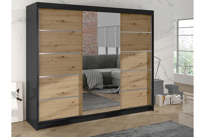 Cyria Garderobe med rummelig Opbevaring og Skydedøre med Spejl 200x215 cm - Brun/Sort - Opbevaring - Tøjopbevaring - Garderobeskabe