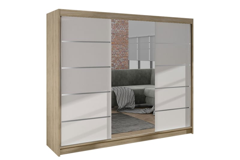 Cyria Garderobe med rummelig Opbevaring og Skydedøre med Spejl 200x215 cm - Hvid/Beige - Opbevaring - Tøjopbevaring - Garderobeskabe