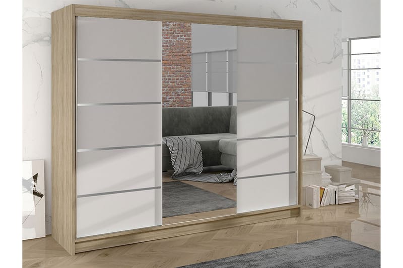 Cyria Garderobe med rummelig Opbevaring og Skydedøre med Spejl 200x215 cm - Hvid/Beige - Opbevaring - Tøjopbevaring - Garderobeskabe