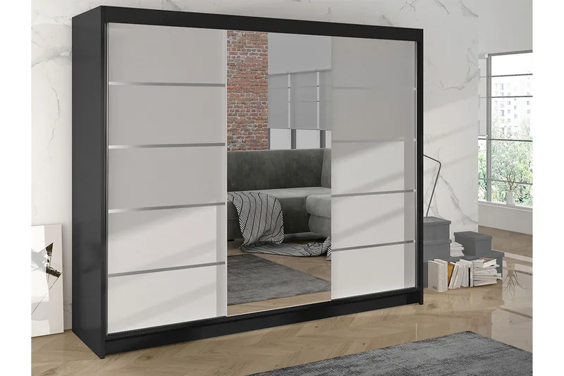 Cyria Garderobe med rummelig Opbevaring og Skydedøre med Spejl 200x215 cm - Hvid/Sort - Opbevaring - Tøjopbevaring - Garderobeskabe